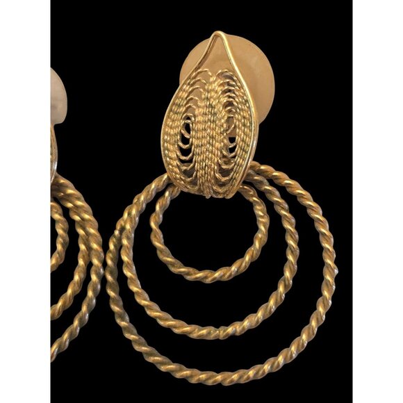Vintage Triple Hoop Statement Earrings  Twisted Rope Textured Leaf Design - Picture 2 of 4